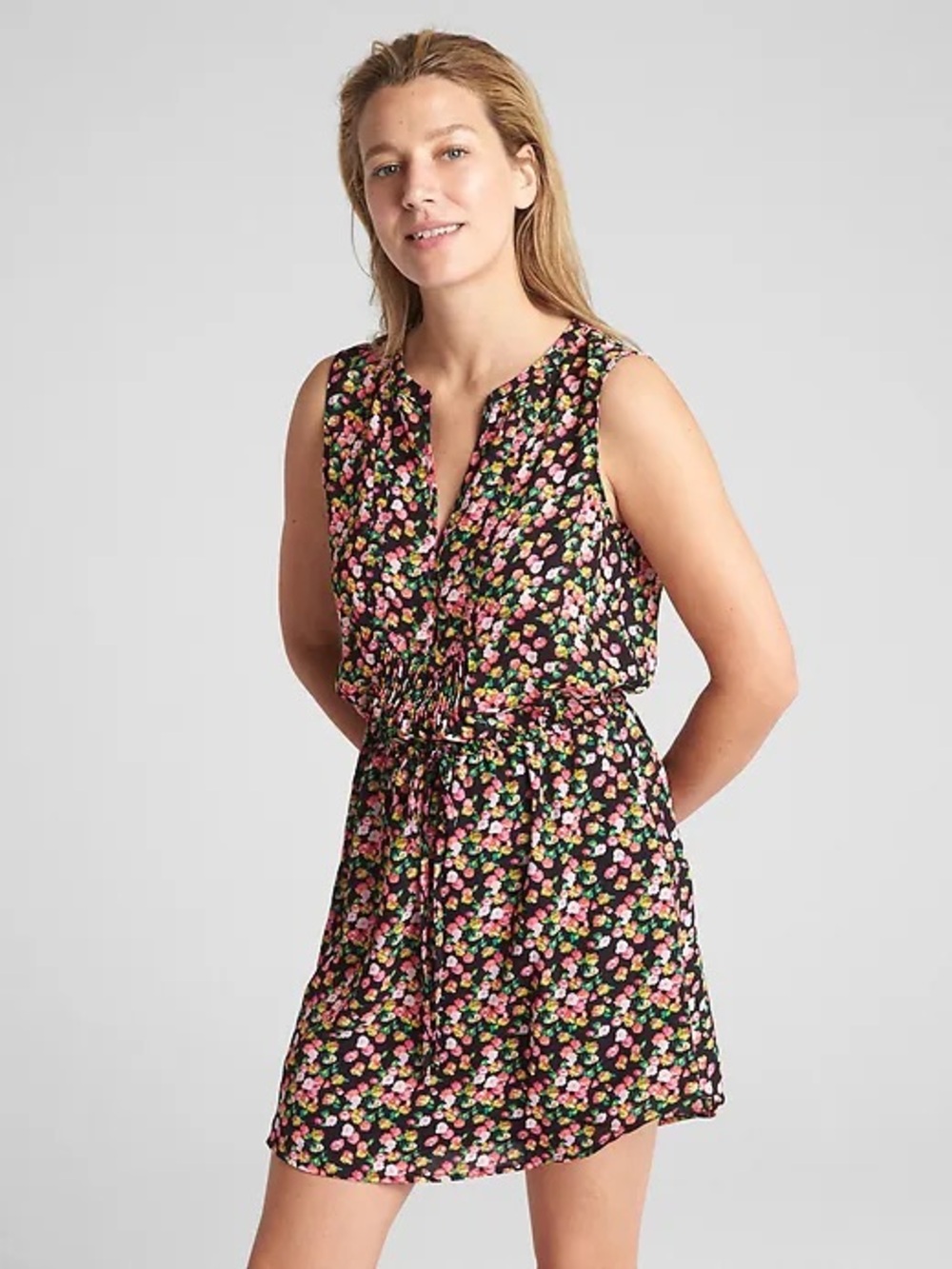 GAP Perfect Sleeveless Tie-Waist Shirtdress Black Floral Medium